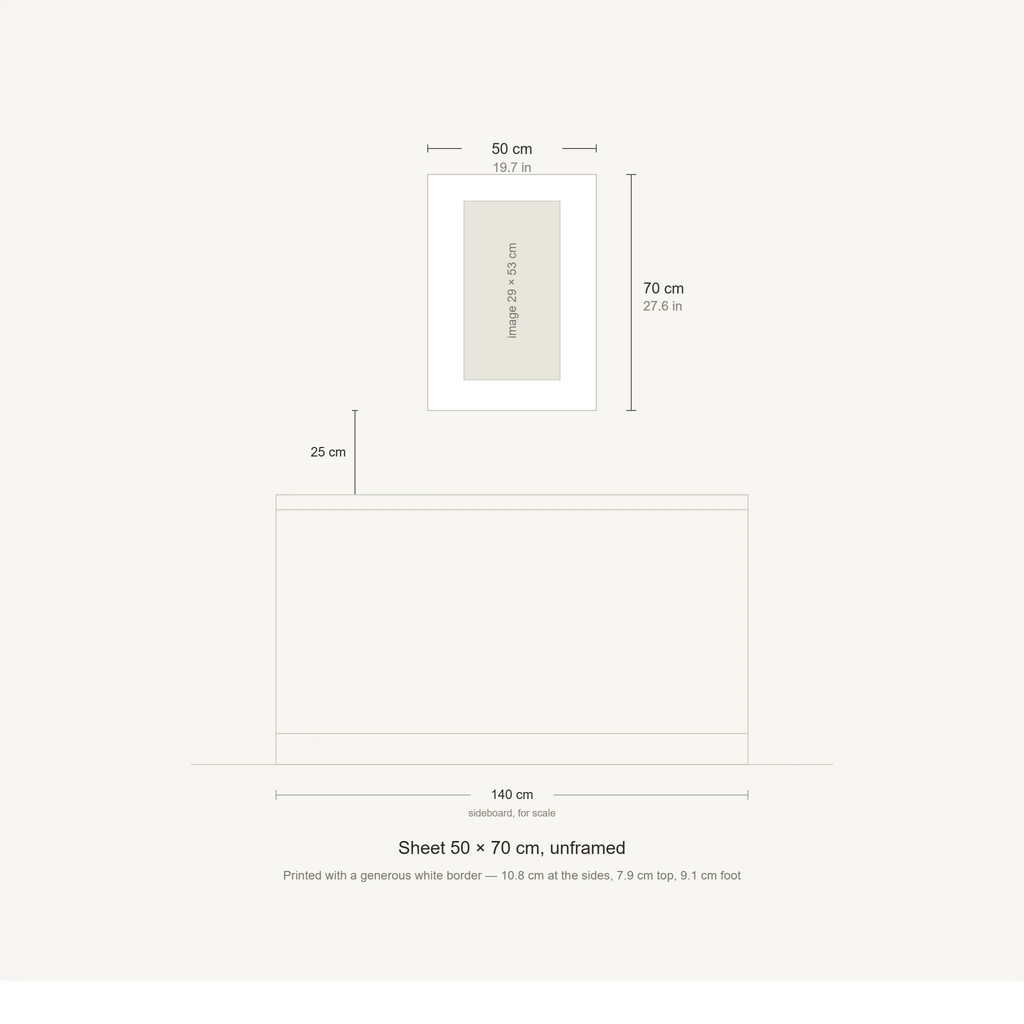 Scale diagram: the 50 × 70 cm sheet hung 25 cm above a 140 cm sideboard, printed image area 28.51 × 53.02 cm