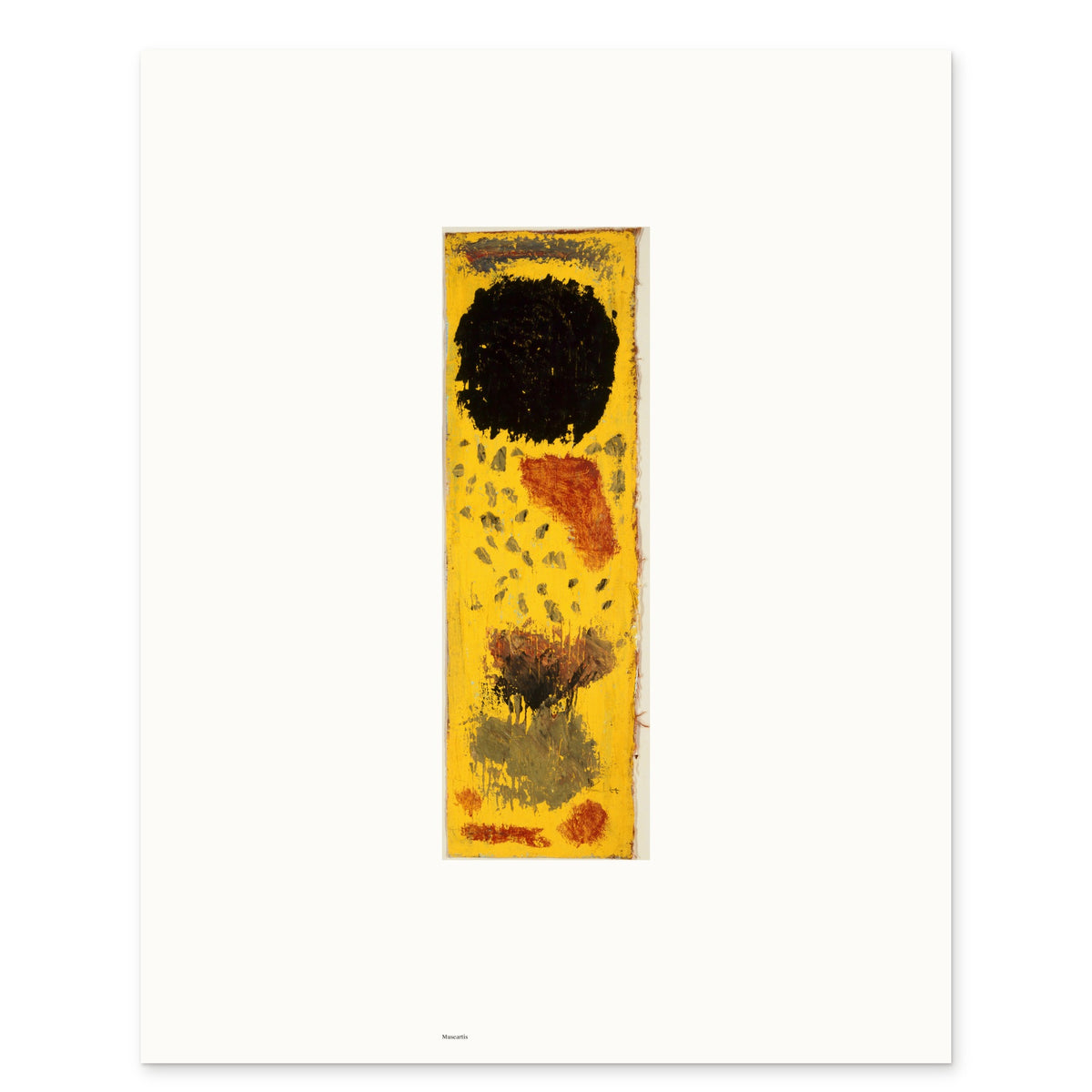The 40 × 50 cm sheet as printed: Klee's Schwarz, noch am Ort at original size, 10.26 × 31.26 cm on white paper, 14.9 cm margins at the sides