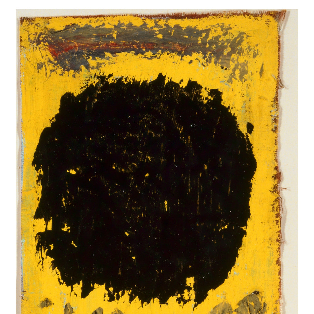 Detail at print size: the black disc in thick, dry tempera on the yellow ground, with the frayed top edge of the canvas