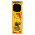 Paul Klee, Schwarz, noch am Ort (Black, Still in Place), 1940 — the narrow canvas reproduced whole with its frayed edges: a black disc over flecks and patches on bright yellow