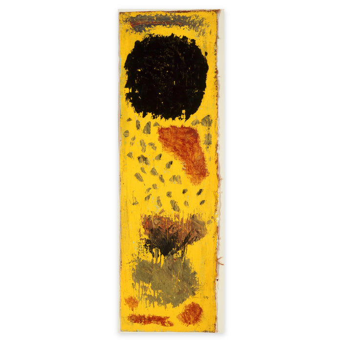 Paul Klee, Schwarz, noch am Ort (Black, Still in Place), 1940 — the narrow canvas reproduced whole with its frayed edges: a black disc over flecks and patches on bright yellow
