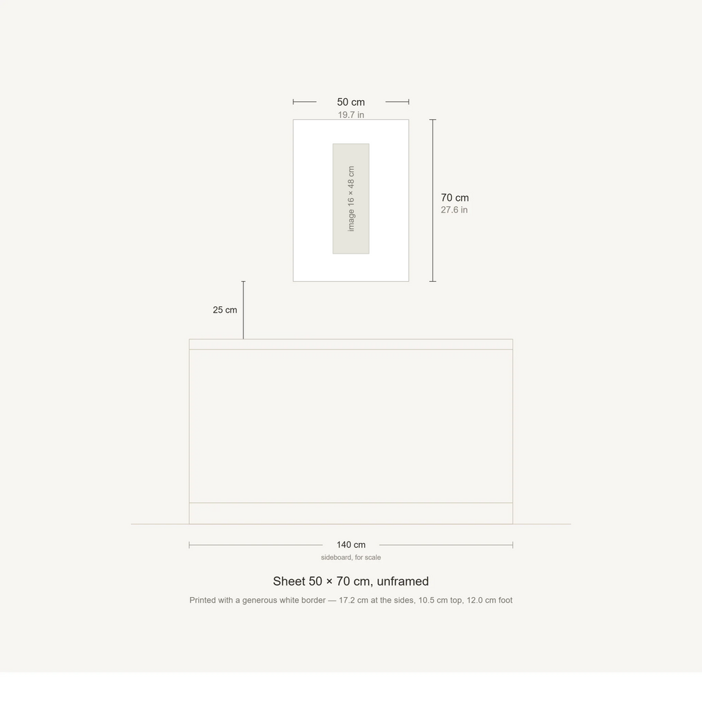 Scale diagram: the 50 × 70 cm sheet hung 25 cm above a 140 cm sideboard, printed image area 15.60 × 47.52 cm