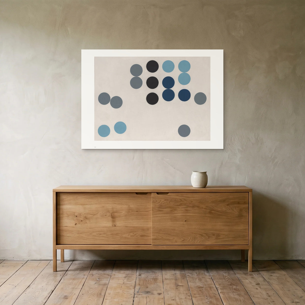 Taeuber-Arp, Animated Circle Picture — the 100 × 70 cm print hung above an oak sideboard