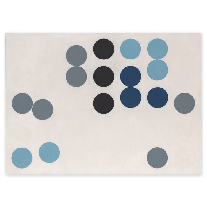 Sophie Taeuber-Arp, Bewegtes Kreisbild (Animated Circle Picture), 1934 — the painting reproduced whole: seventeen circles in grey, black, dark and light blue on an off-white ground