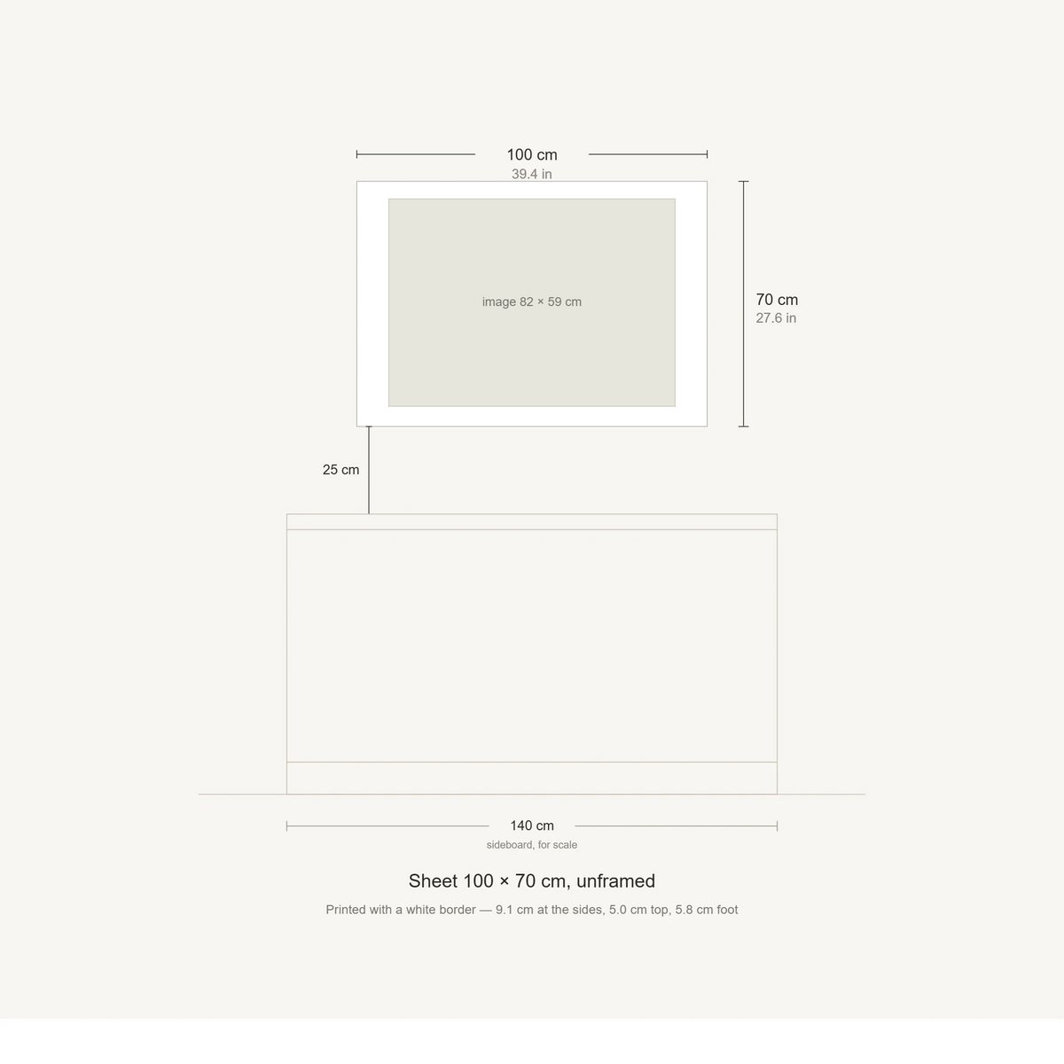 Scale diagram: the 100 × 70 cm sheet hung 25 cm above a 140 cm sideboard, printed image area 81.75 × 59.22 cm
