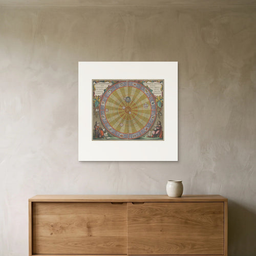 Cellarius, Planisphaerium Copernicanum — the 70 × 70 cm print hung above an oak sideboard