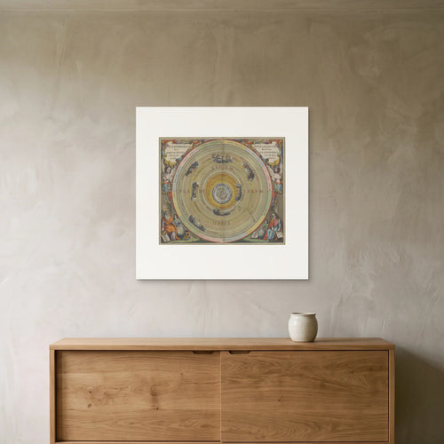 Cellarius, Planisphaerium Ptolemaicum — the 70 × 70 cm print hung above an oak sideboard