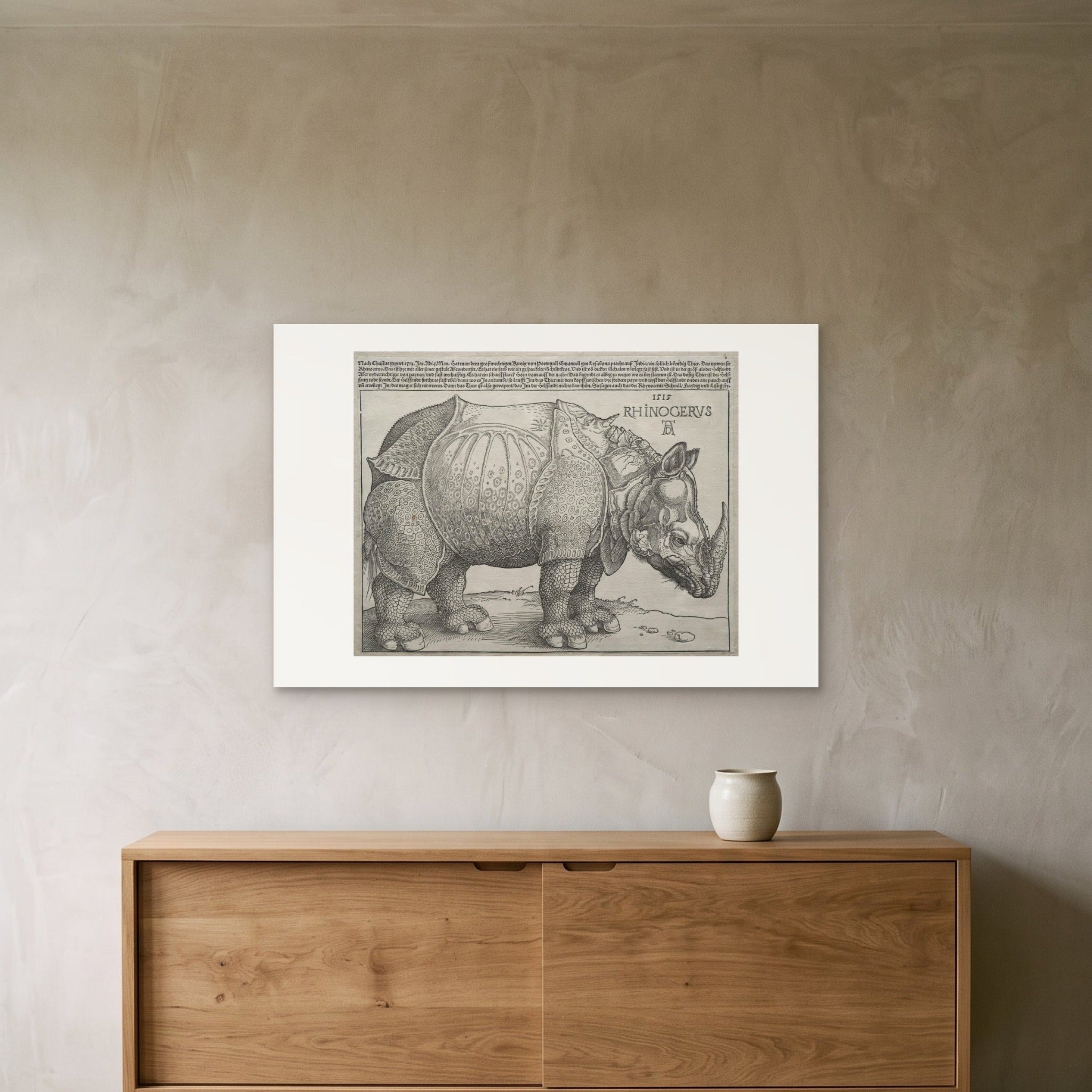 Dürer's Rhinoceros as a 90 × 60 cm giclée print, unframed, 25 cm above a 140 cm sideboard