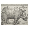 Albrecht Dürer, The Rhinoceros, 1515 — the woodcut sheet reproduced whole, the armoured animal in profile under the eight lines of German letterpress