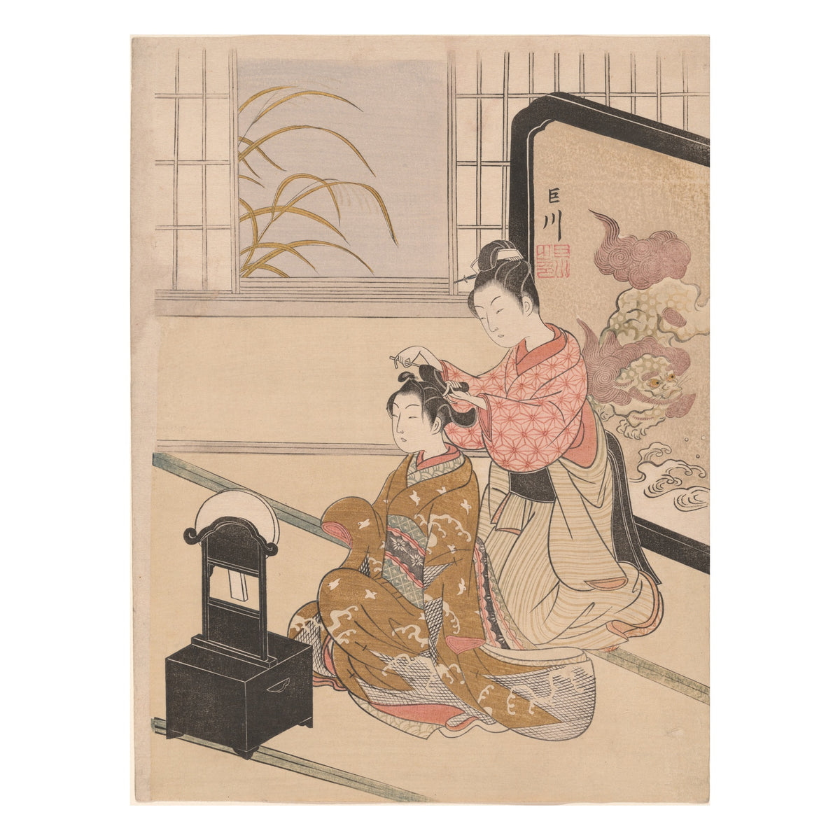 Suzuki Harunobu, The Autumn Moon in the Mirror, c. 1766 — colour woodblock print, Art Institute of Chicago