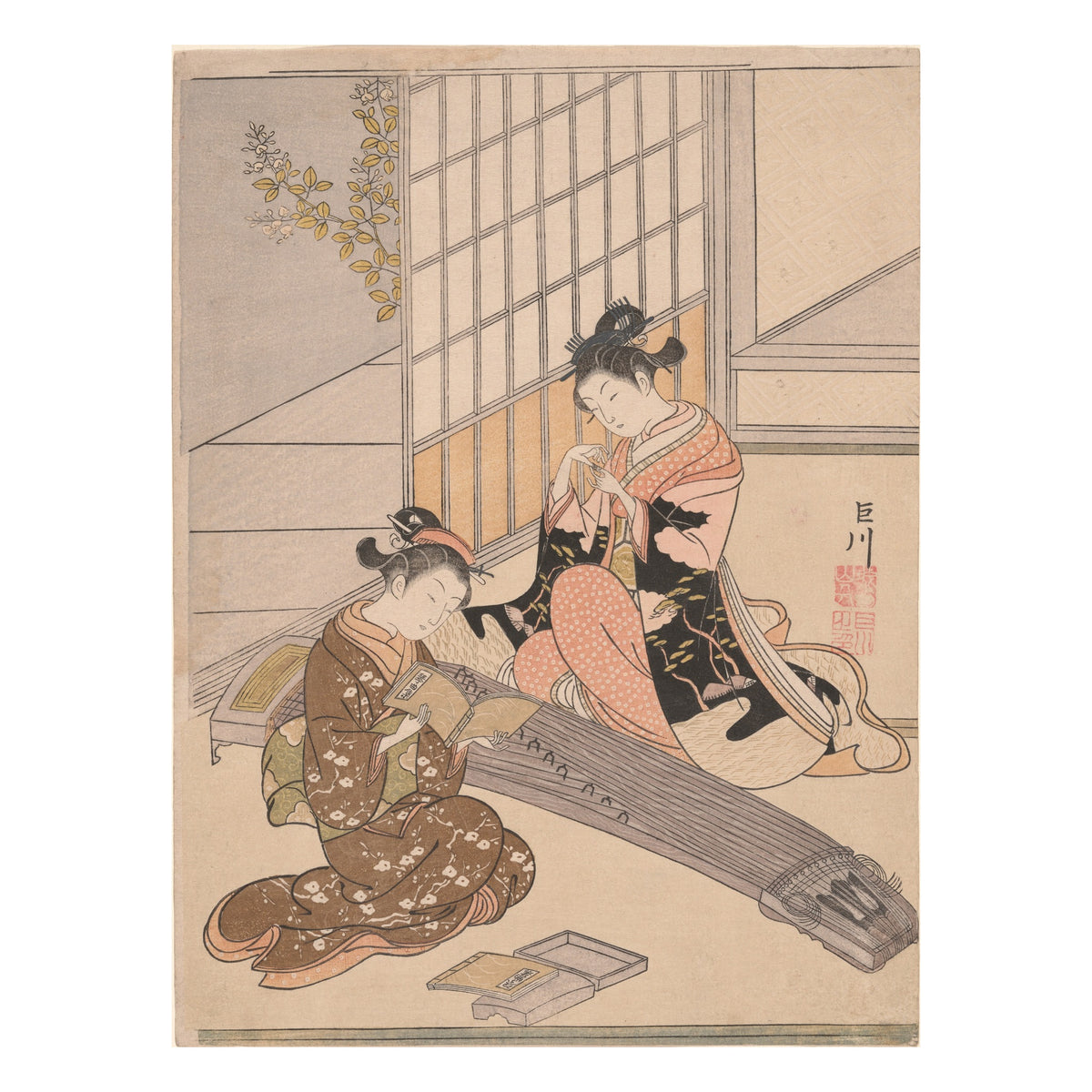 Suzuki Harunobu, Descending Geese of the Koto Bridges, c. 1766 — colour woodblock print, Art Institute of Chicago