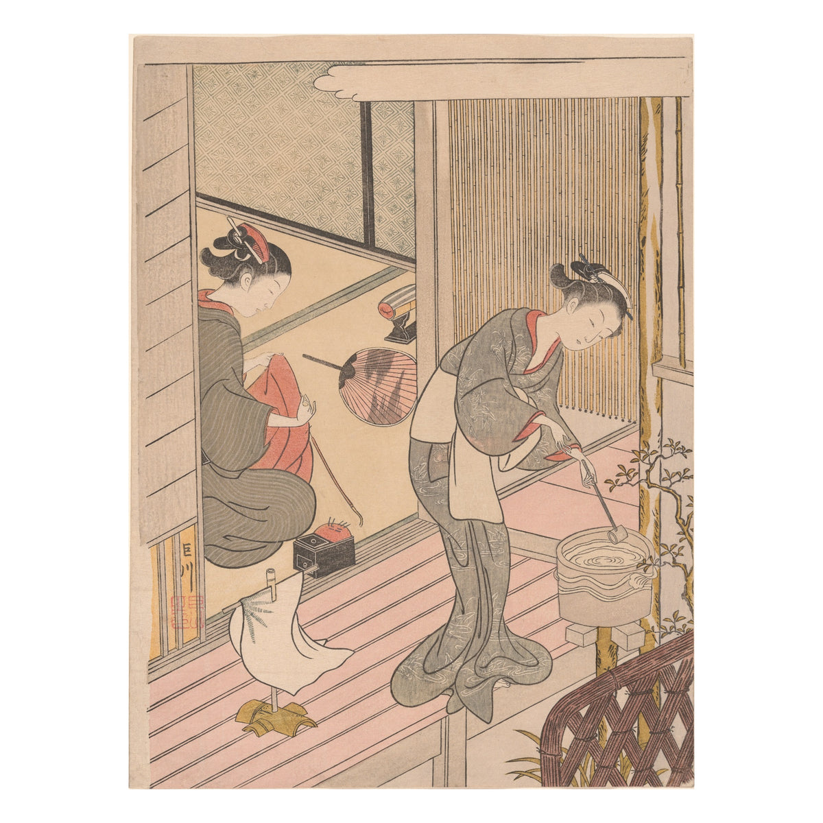 Suzuki Harunobu, Returning Sails of the Towel Rack, c. 1766 — colour woodblock print, Art Institute of Chicago