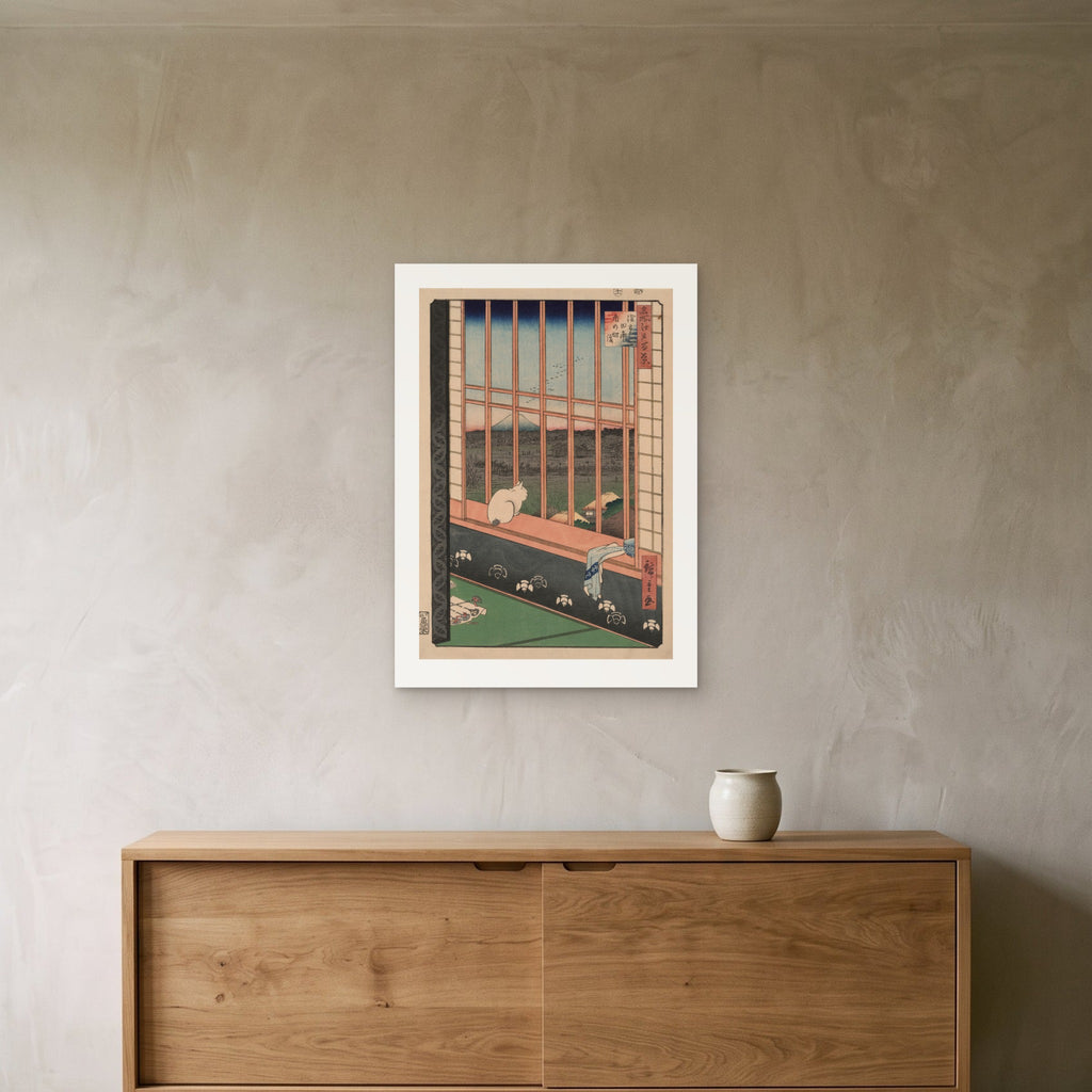 Hiroshige's Asakusa Ricefields as a 50 × 70 cm giclée print, unframed, hung 25 cm above a 140 cm sideboard