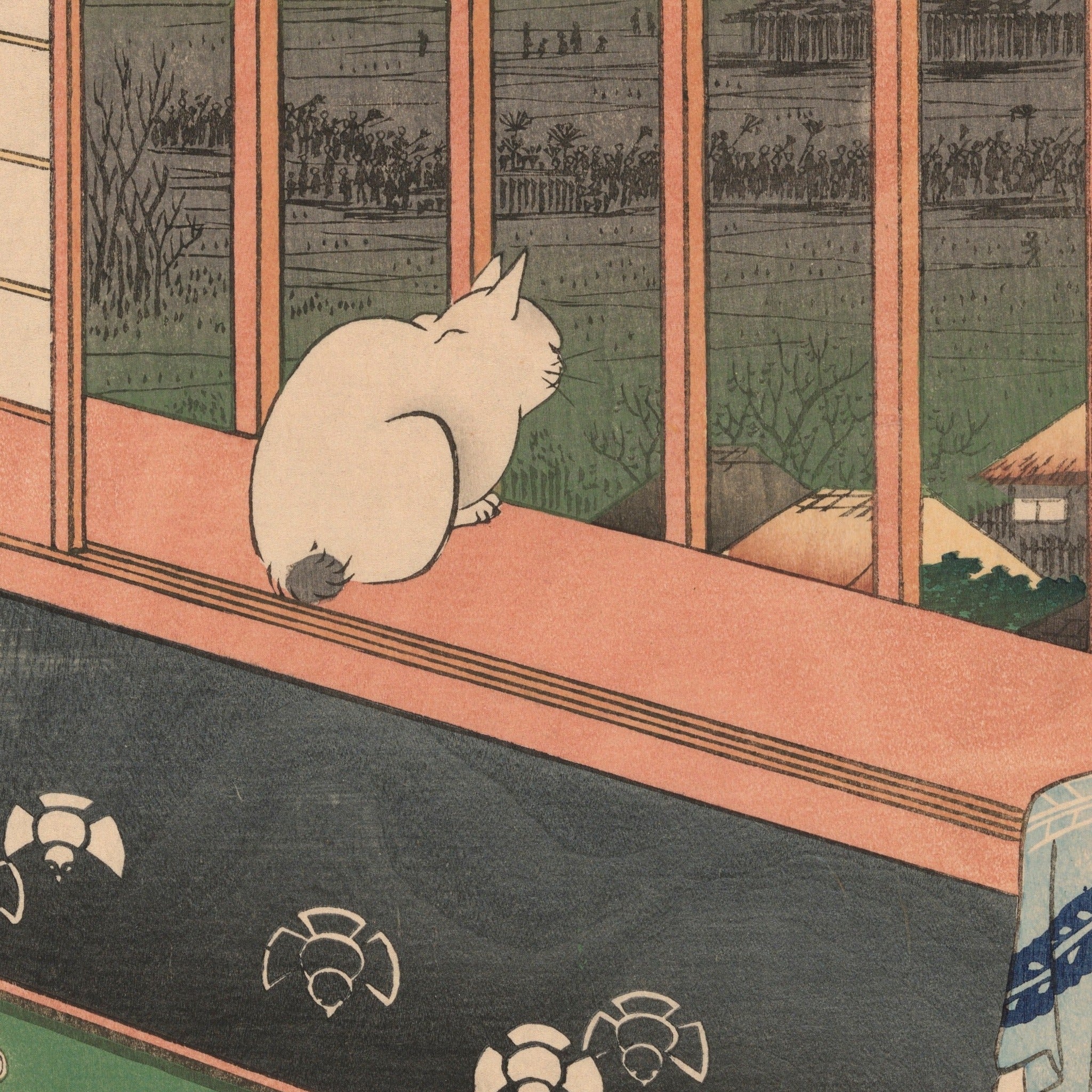 Detail at actual print size: the white cat on the sill, the lattice of the window and the paper grain of the 1857 impression