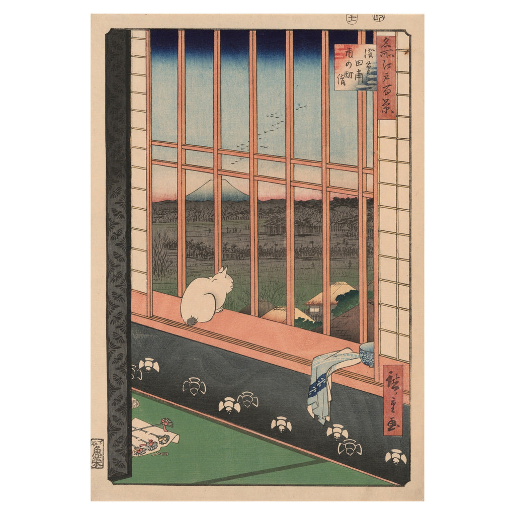 Utagawa Hiroshige, Asakusa Ricefields and Torinomachi Festival, 1857 — the woodblock sheet reproduced whole, a white cat on the windowsill looking out over the rice fields towards Mount Fuji