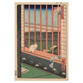 Utagawa Hiroshige, Asakusa Ricefields and Torinomachi Festival, 1857 — the woodblock sheet reproduced whole, a white cat on the windowsill looking out over the rice fields towards Mount Fuji