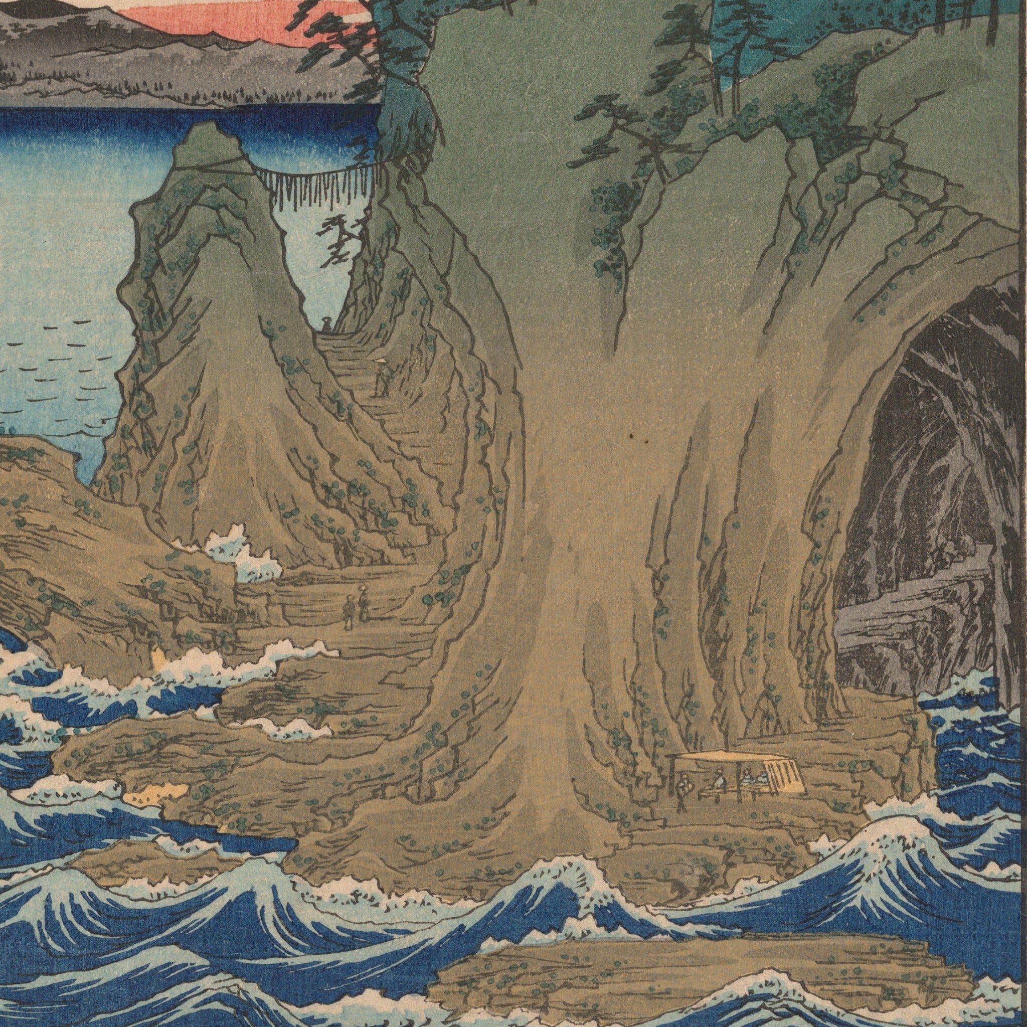 Detail at actual print size: the eroded rock at the cave mouth, the white crests of the surf and the paper grain of the 1853 impression