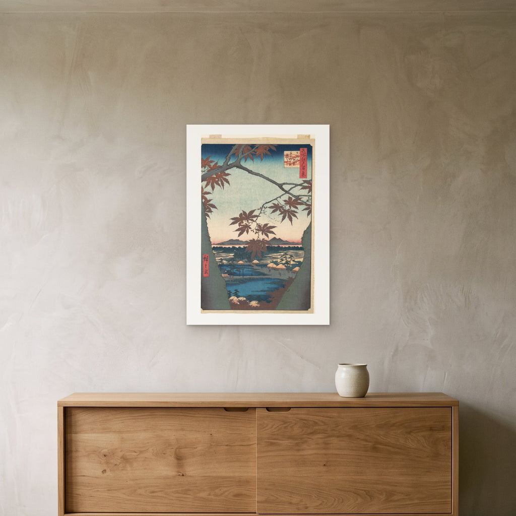 Hiroshige's Maples at Mama as a 50 × 70 cm giclée print, unframed, hung 25 cm above a 140 cm sideboard