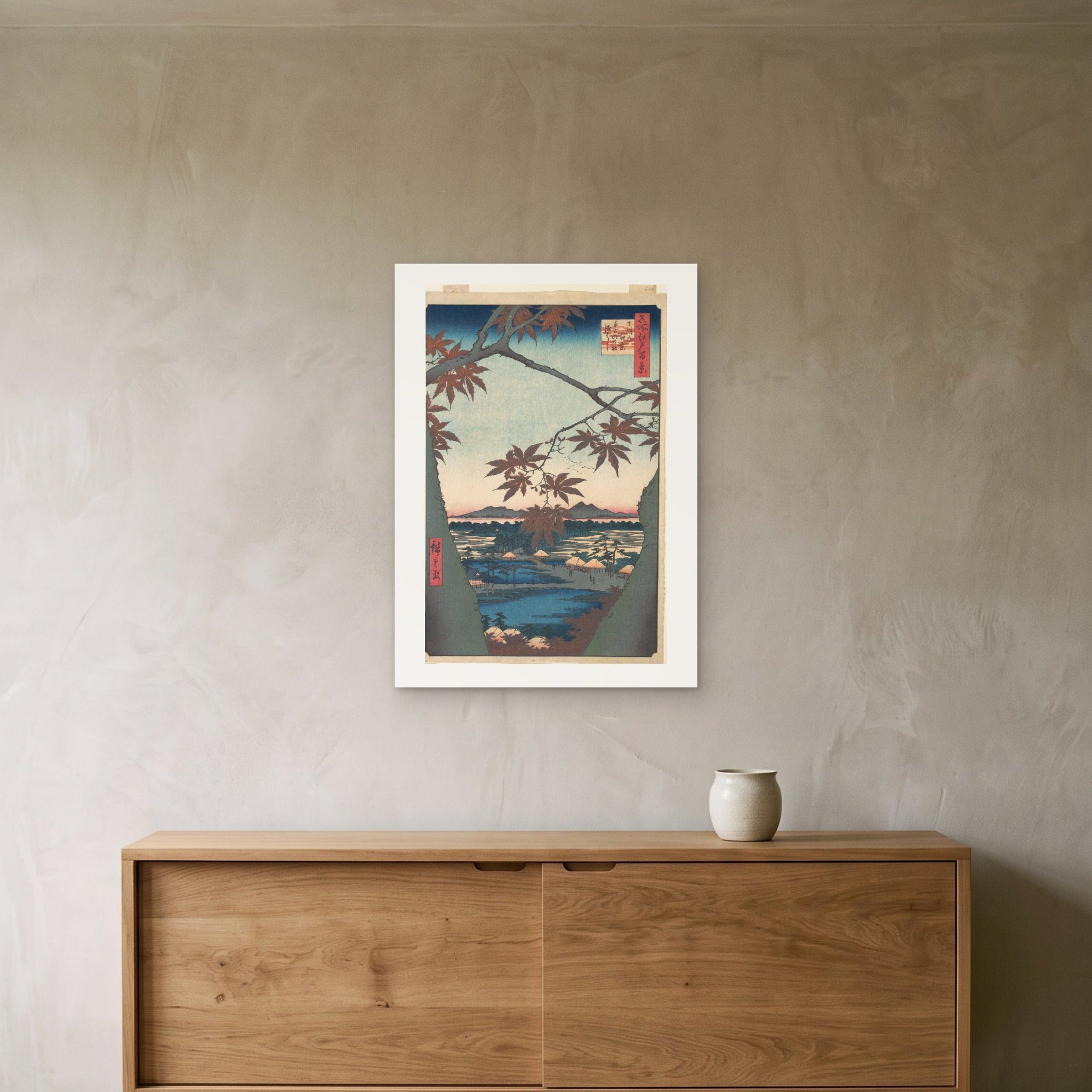 Hiroshige's Maples at Mama as a 50 × 70 cm giclée print, unframed, hung 25 cm above a 140 cm sideboard