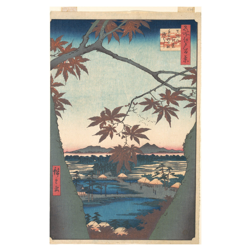 Utagawa Hiroshige, Maples at Mama, ca. 1857 — the woodblock sheet reproduced whole, red maple leaves across the top and the Tekona shrine far below