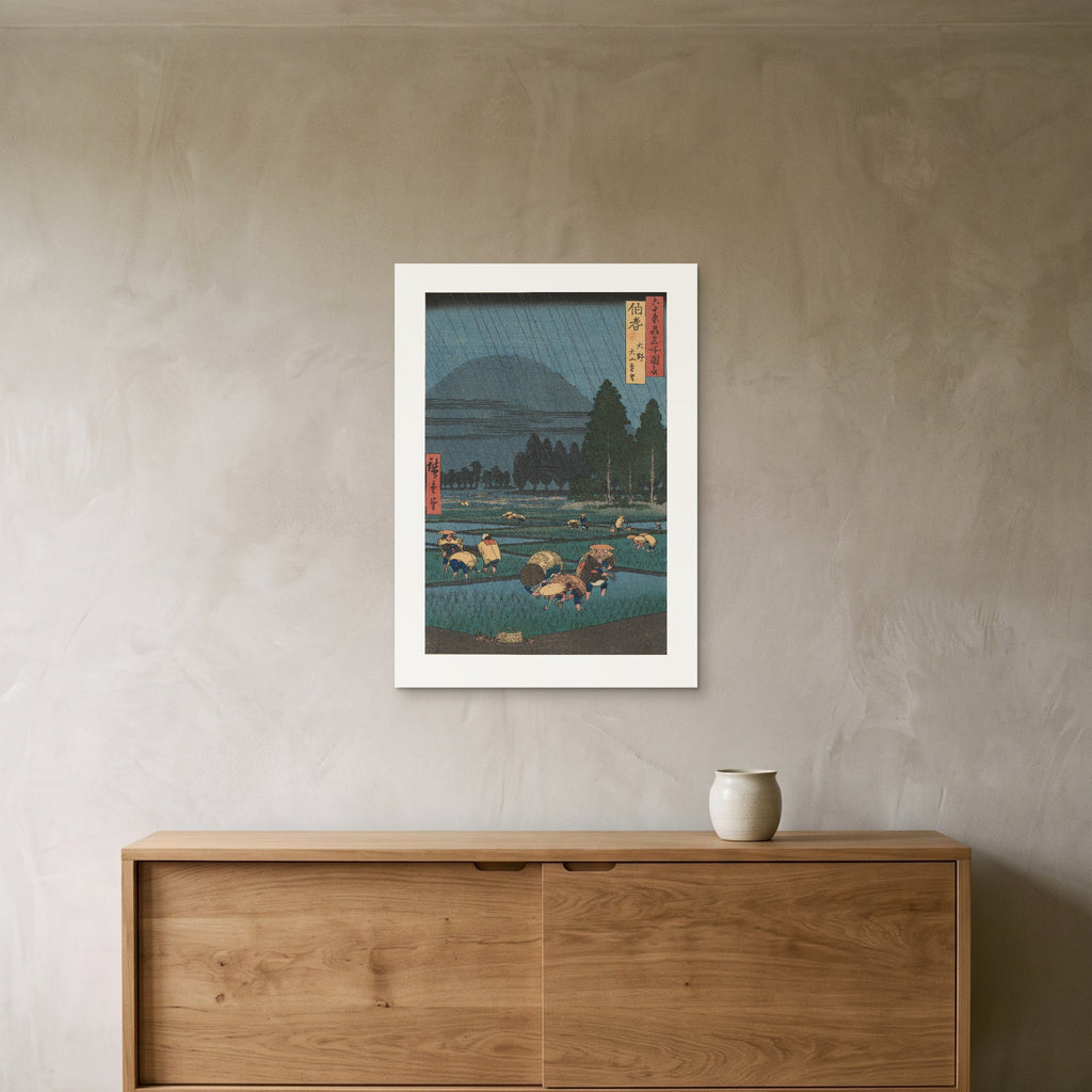 Hiroshige's Mount Daisen in the rain as a 50 × 70 cm giclée print, unframed, hung 25 cm above a 140 cm sideboard