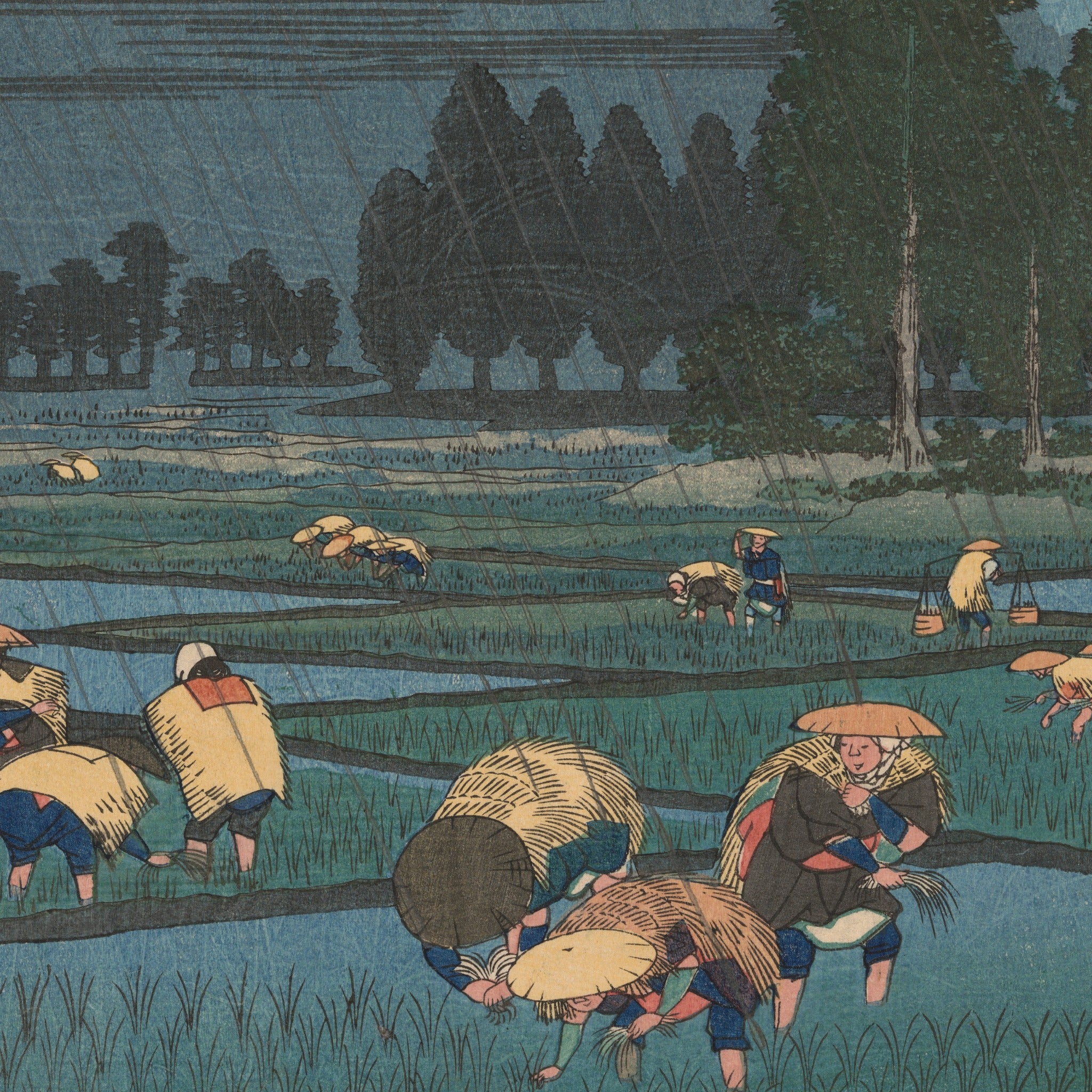Detail at actual print size: planters in straw capes and wide hats in the flooded paddies, the cut rain lines running across them