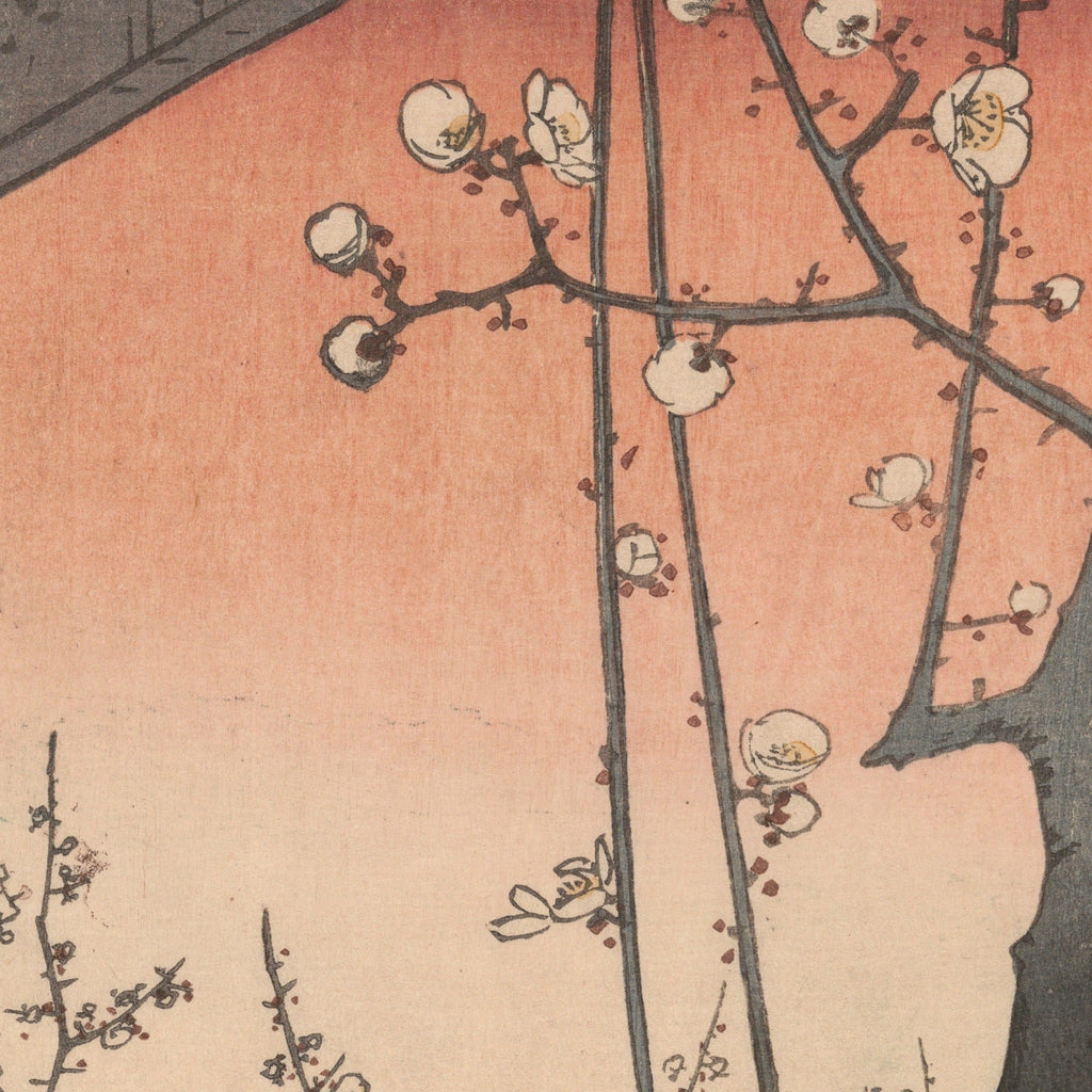 Detail at actual print size: the plum blossoms against the printed sky gradation and the paper grain of the 1857 impression