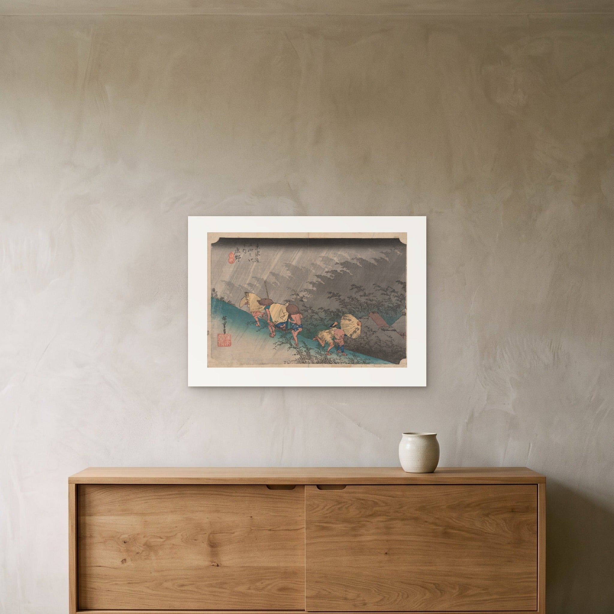 Hiroshige's Shōno as a 70 × 50 cm giclée print, unframed, hung 25 cm above a 140 cm sideboard