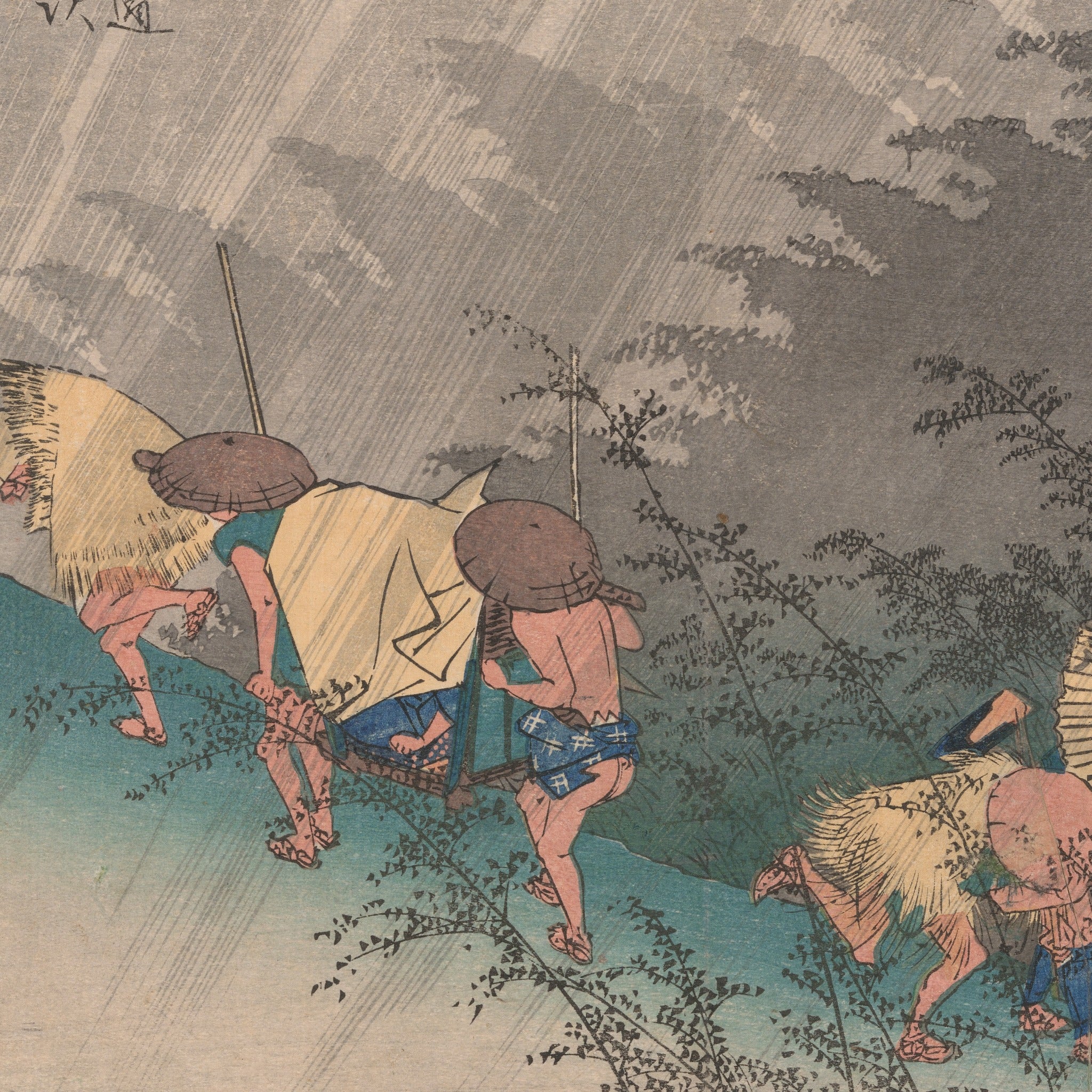 Detail at actual print size: the bearers under their straw capes, the rain printed from two blocks crossing at different angles