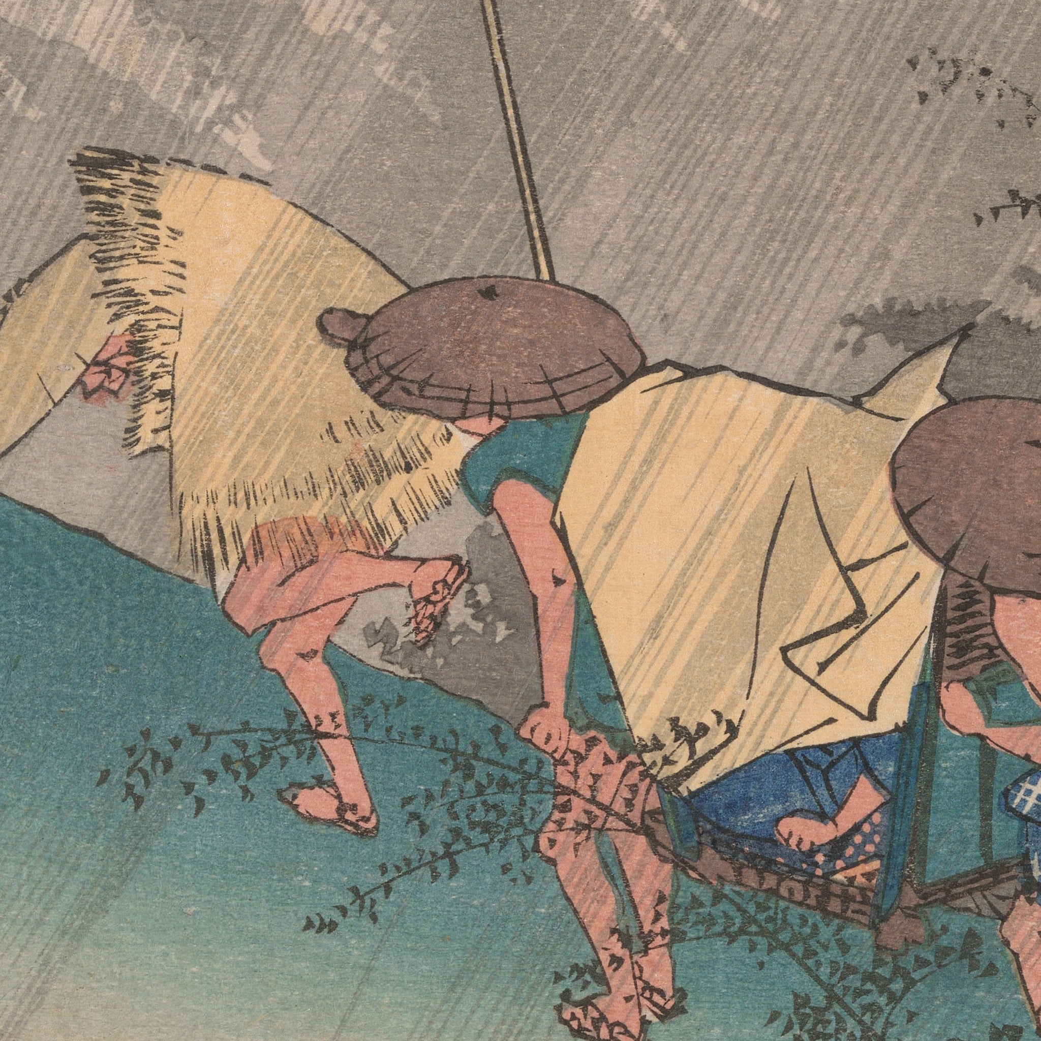 Detail at actual print size: the bearers under their straw capes, the rain printed from two blocks crossing at different angles