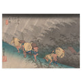 Utagawa Hiroshige, Shōno: Driving Rain, c. 1833 — the printed image trimmed to a clean rectangle, rain crossing at two angles over bearers on a hillside path