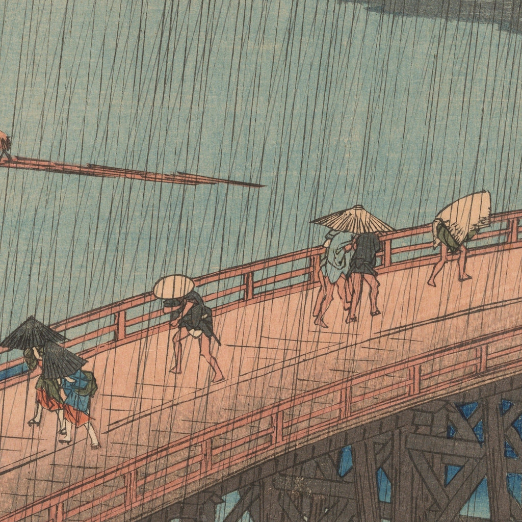 Detail at actual print size: figures running over the bridge under the crossed rain lines, printed from two separate blocks