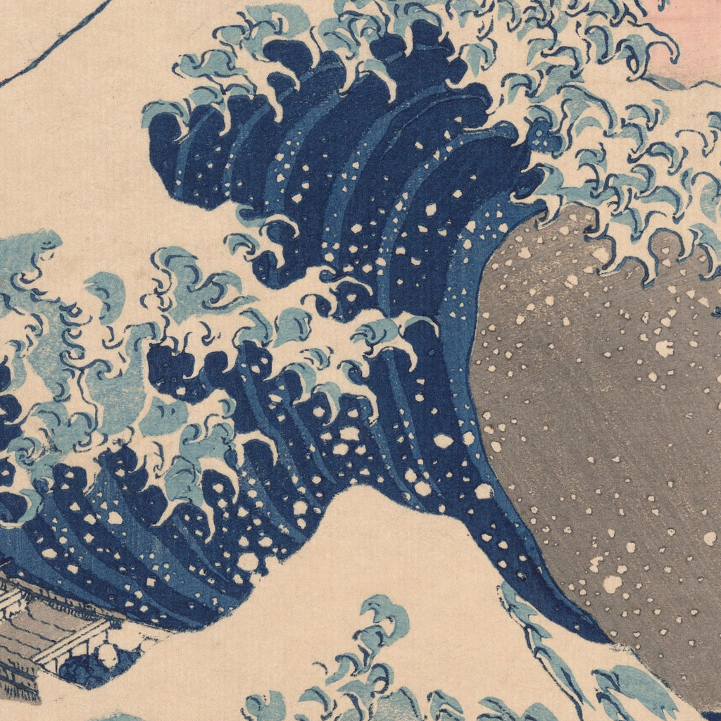 Detail at actual print size: the clawed crest of the wave, the woodblock outlines and the paper grain of the 1830s impression