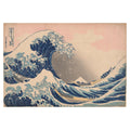 Katsushika Hokusai, Under the Wave off Kanagawa, ca. 1830–33 — the woodblock sheet reproduced whole, the blue wave curling over three boats with Mount Fuji small and calm behind, the pink dawn sky still fresh