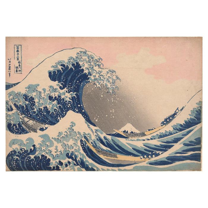 Katsushika Hokusai, Under the Wave off Kanagawa, ca. 1830–33 — the woodblock sheet reproduced whole, the blue wave curling over three boats with Mount Fuji small and calm behind, the pink dawn sky still fresh