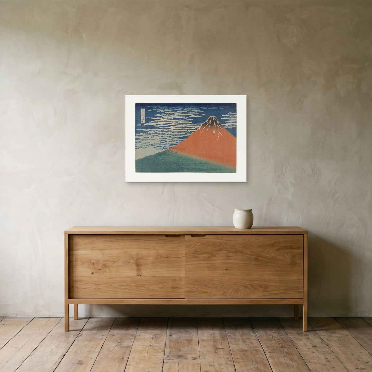 Hokusai’s Red Fuji as a 70 × 50 cm giclée print, unframed, hung above an oak sideboard