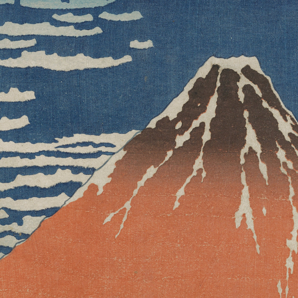 Detail at actual print size: the summit with its snow ravines, the brown-to-red gradation of the cone and the paper grain of the 1830s impression
