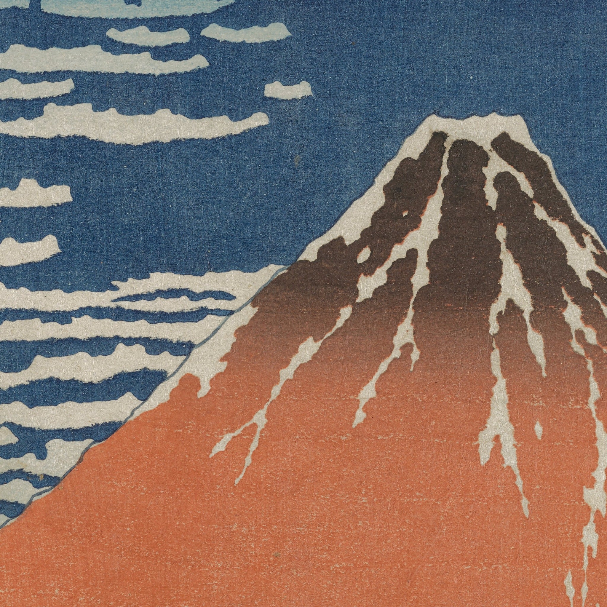 Detail at actual print size: the summit with its snow ravines, the brown-to-red gradation of the cone and the paper grain of the 1830s impression