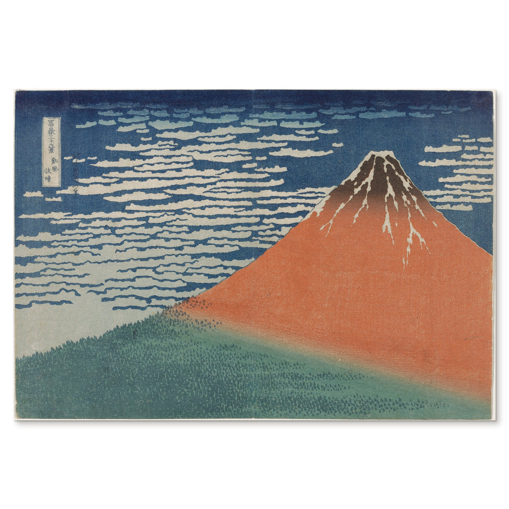 Katsushika Hokusai, South Wind, Clear Sky (Red Fuji), c. 1830–33 — the woodblock sheet reproduced whole, the red cone against a graded blue sky with the band of white cloud and the green forest at its foot
