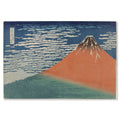 Katsushika Hokusai, South Wind, Clear Sky (Red Fuji), c. 1830–33 — the woodblock sheet reproduced whole, the red cone against a graded blue sky with the band of white cloud and the green forest at its foot
