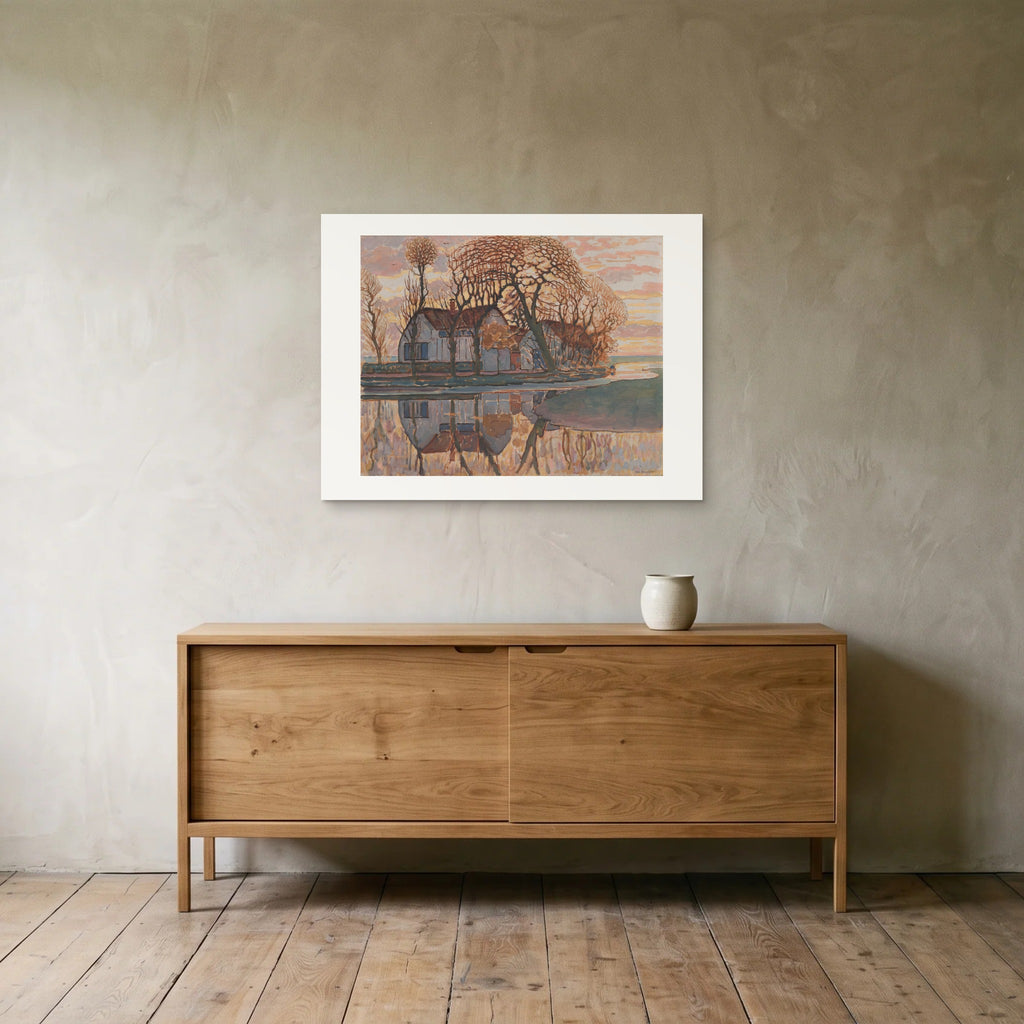 Mondrian, Farm near Duivendrecht — the 80 × 60 cm print hung above an oak sideboard
