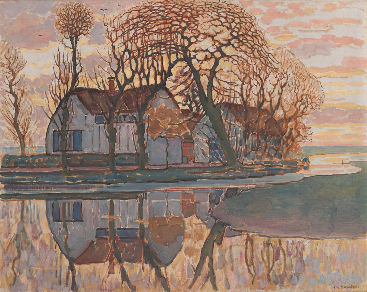 Piet Mondrian, Farm near Duivendrecht, c. 1916 — the farmhouse behind bare trees with its reflection in the water