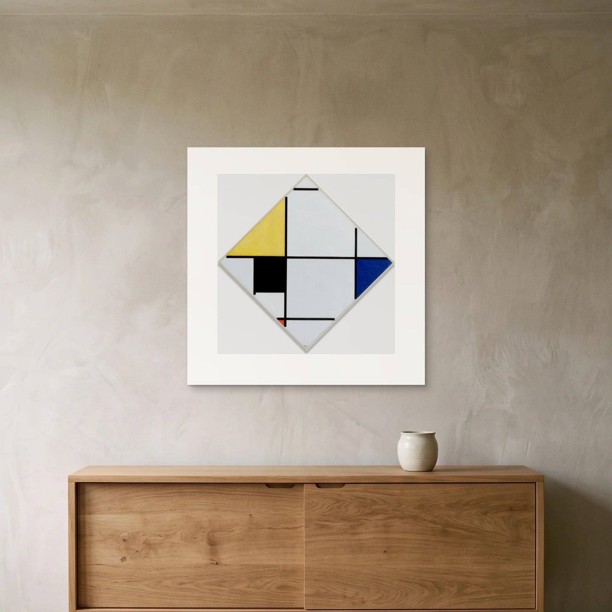 Mondrian, Lozenge Composition 1921 — the 70 × 70 cm print hung above an oak sideboard