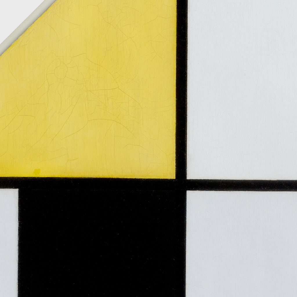Detail at printed size — the yellow plane, a black band and the craquelure of the paint