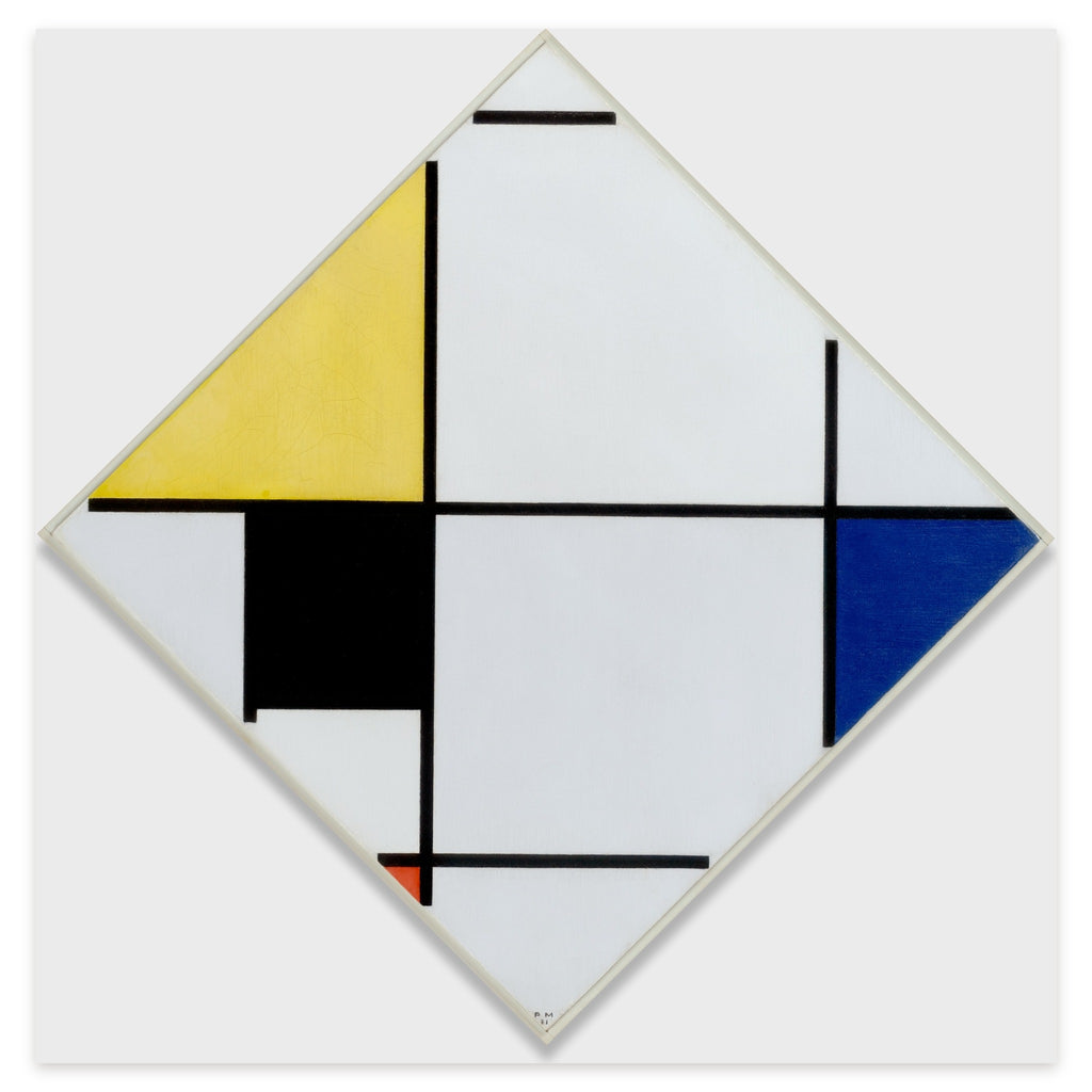 Piet Mondrian, Lozenge Composition with Yellow, Black, Blue, Red, and Gray, 1921 — the canvas as the Art Institute of Chicago photographed it, hung on its point against a light grey ground