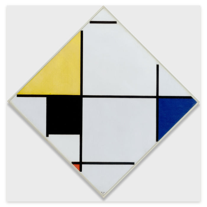 Piet Mondrian, Lozenge Composition with Yellow, Black, Blue, Red, and Gray, 1921 — the canvas photographed square-on, hung on its point against a light grey ground