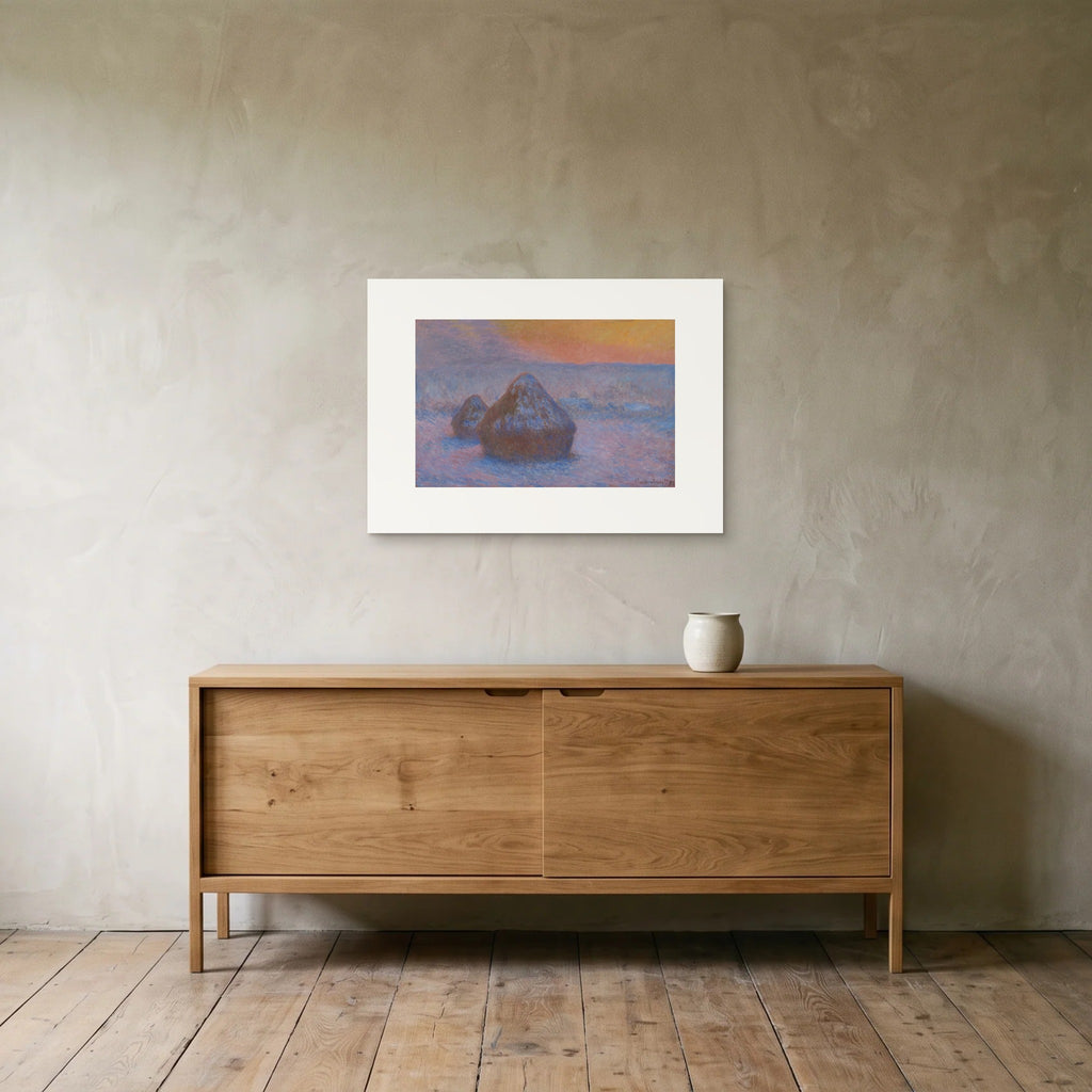 Monet, Stacks of Wheat (Sunset, Snow Effect) — the 70 × 50 cm print hung above an oak sideboard
