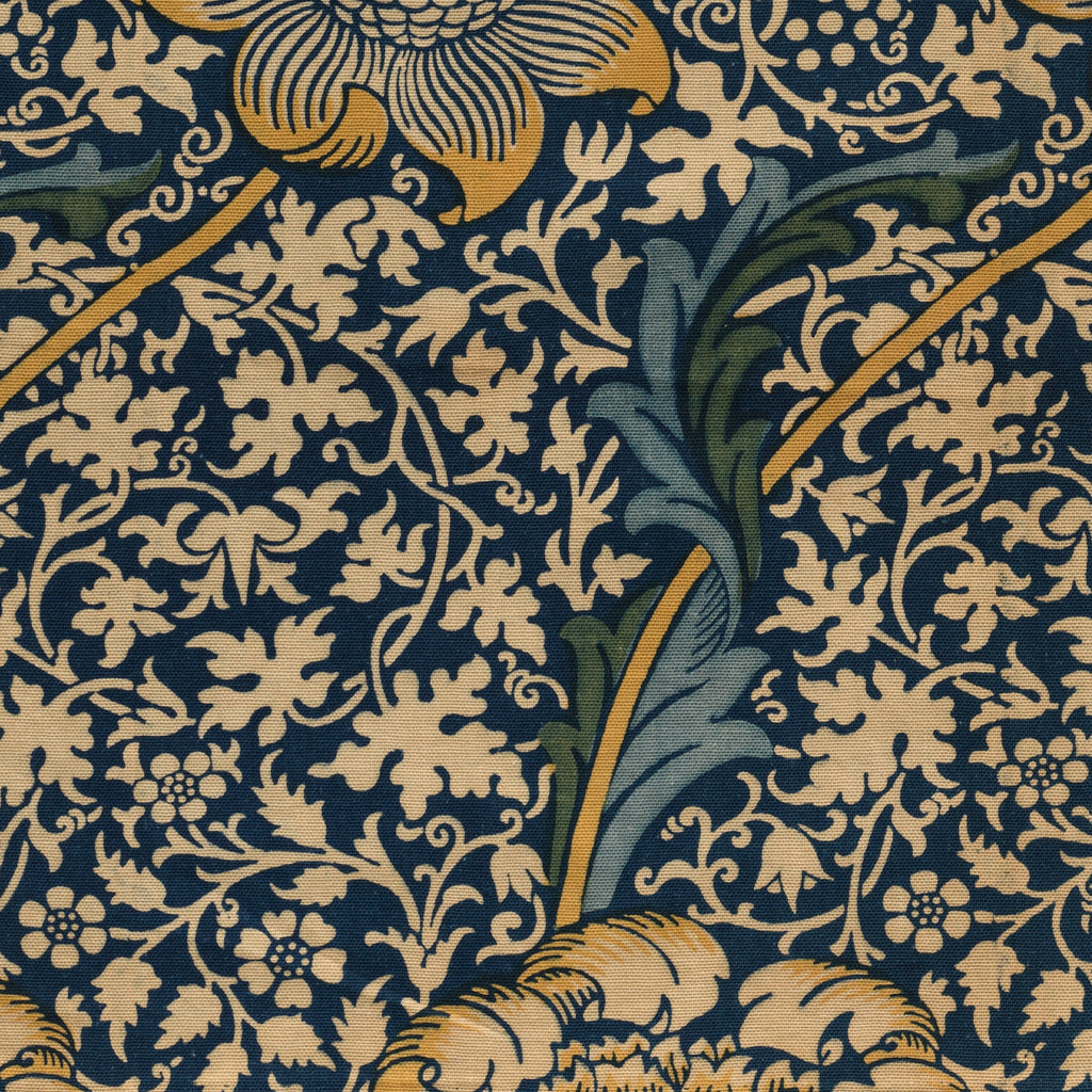 Detail at printed size — an acanthus leaf turning over the fine leaf-and-vine ground