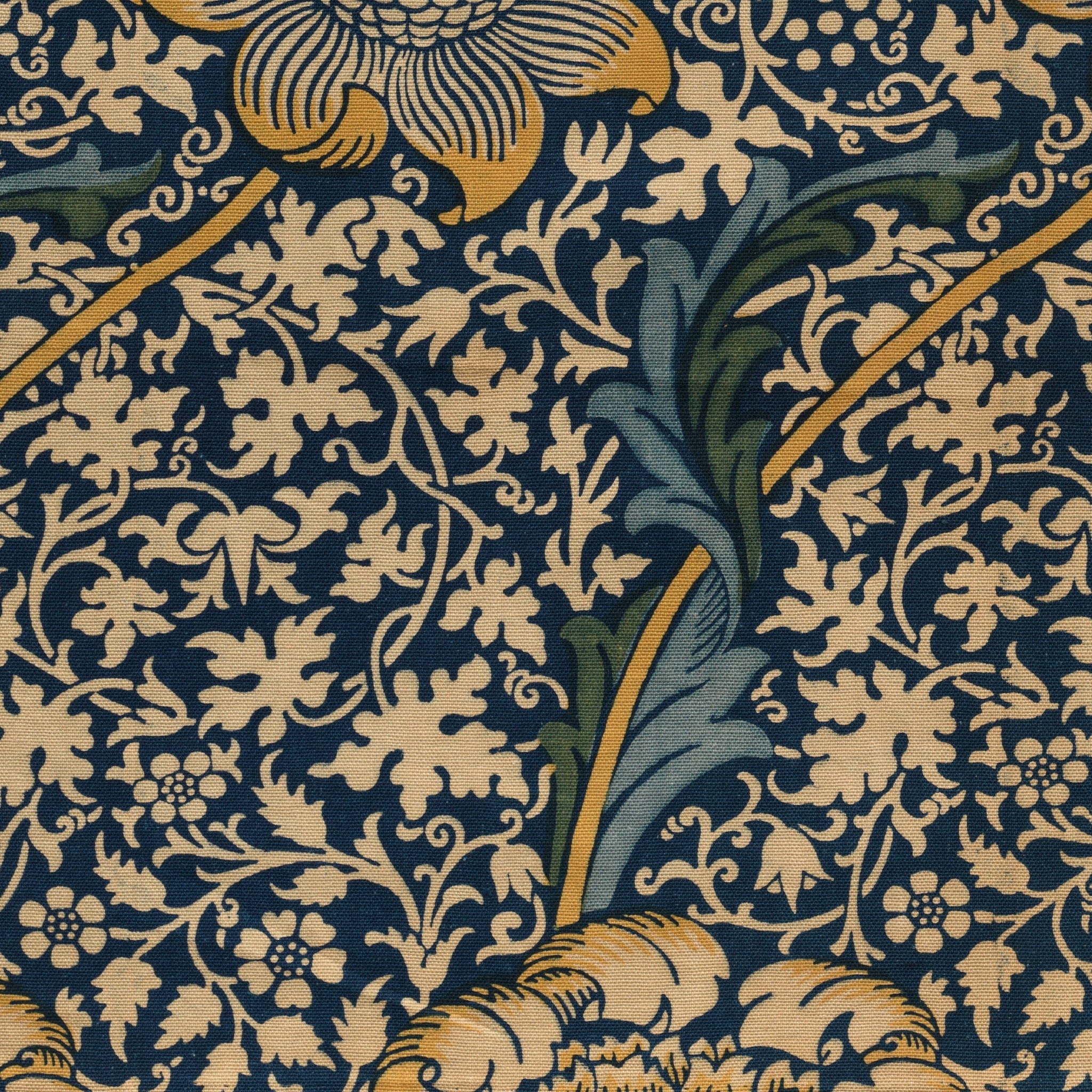 Detail at printed size — an acanthus leaf turning over the fine leaf-and-vine ground