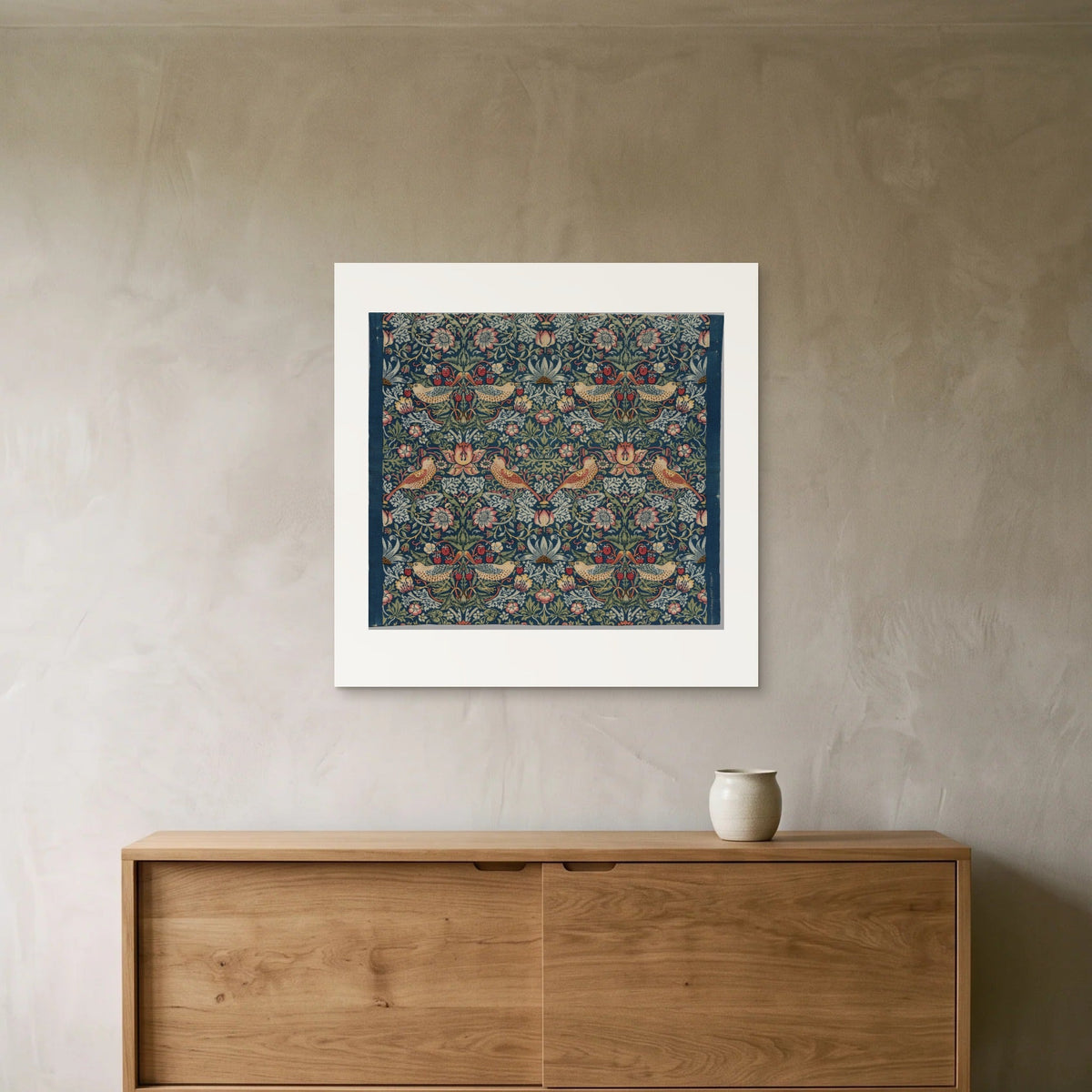 Morris, Strawberry Thief — the 70 × 70 cm print hung above an oak sideboard